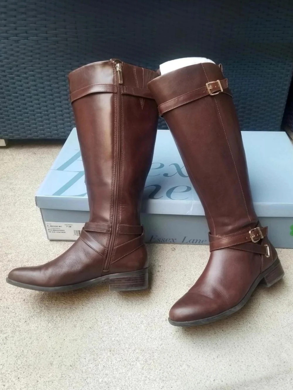 Essex Lane Maggie 7.5 Wide Calf Riding Boots Brown Leather Flat Heel Buckle